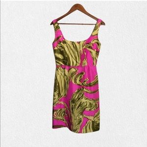 Milly New York  Dress 100% Silk Tropical Leaves Print Sleeveless Pink Green 4